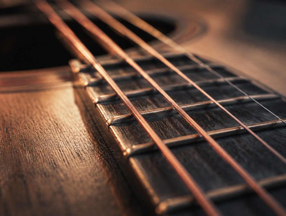 Close-up of acoustic guitar strings and fretboard in warm evening light