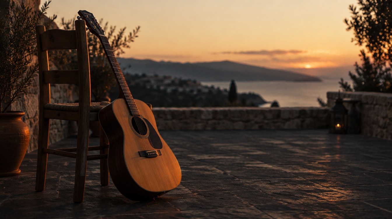 Acoustic guitar resting on a terrace overlooking the sea at dusk